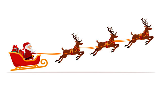 Santa Claus flying in sleigh with gifts and reindeer. Christmas and New Year celebration