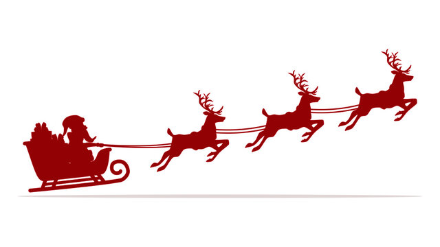 red Silhouette of Santa Claus riding in a sleigh with reindeer vector