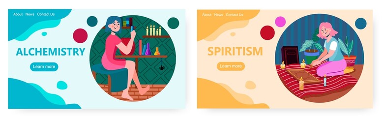 Woman boiling alchemy spiritual drink. Occult and divination vector concept illustration. Girl using divination board to predict future and fortune. Web site design template