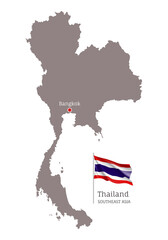 Silhouette of Thailand country map. Highly detailed gray map and national flag and Bangkok capital, Southeast Asia country territory borders vector illustration on white background