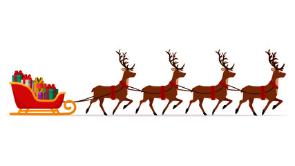 Sleigh with Presents and Reindeer on Christmas. vector illustration