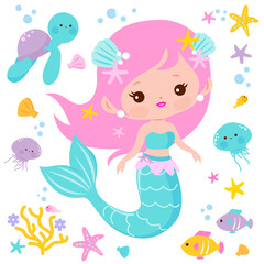 Beautiful mermaid and sea animals. Vector illustration