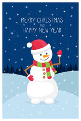 Template new year, Christmas greeting card with the words Merry Christmas. Snowman on the background of snowdrifts and forests.Concept of a card in a flat style with elements and symbols of Christmas.