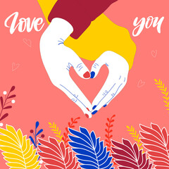 couple making heart sign with hands with text Love you. Celebrating Valentine's Day.