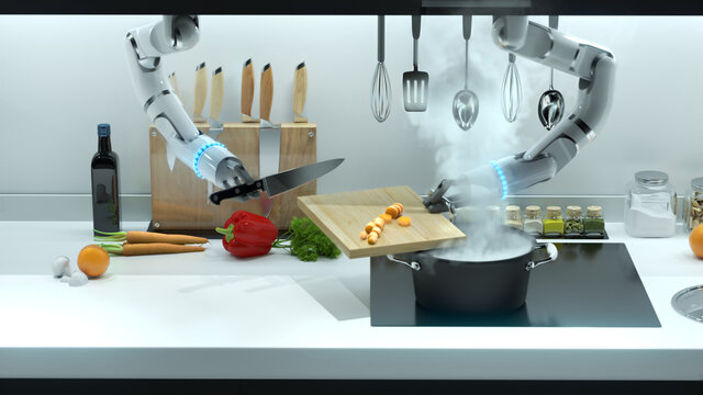 Robot hand prepares lunch in the kitchen. Cooking food by robots, automatic cooking.