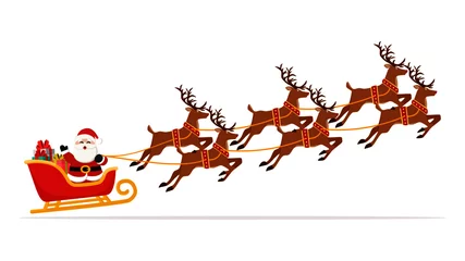 Fotobehang Santa Claus flying in sleigh with gifts and reindeer. Christmas and New Year celebration © Nastudio