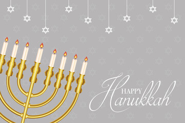 happy hanukkah celebration card with golden chandelier in gray background