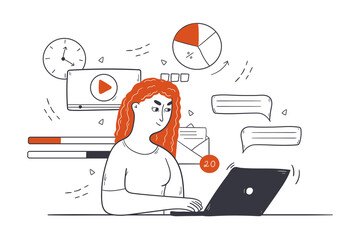 Business, multitasking, time management concept. Young happy businesswoman clerk manager freelancer cartoon character with efficient work skills sits at laptop in office. Freelance and productivity 