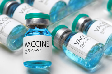 Pile of vials of Sars-cov-2 vaccine close up