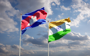 Beautiful national state flags of India and Cambodia.