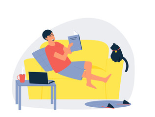 The man is lying on the couch and reading a book. The cat is sitting on the couch. Time for yourself and relaxation at comfortable atmosphere with a cup of tea or coffee. Flat vector illustration.