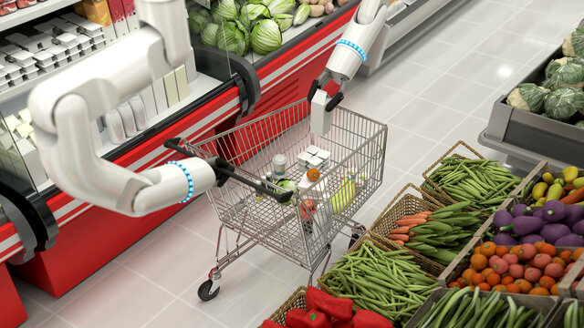 The grocery basket is being filled with robotic arms. Robots making a purchase. Remote purchases.
