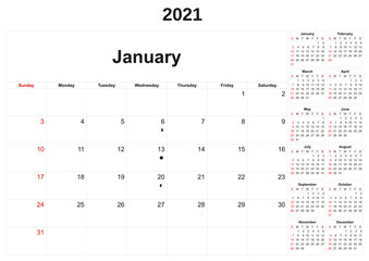 2021 annual calendar with white background.