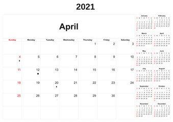 2021 annual calendar with white background.