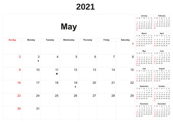 2021 annual calendar with white background.