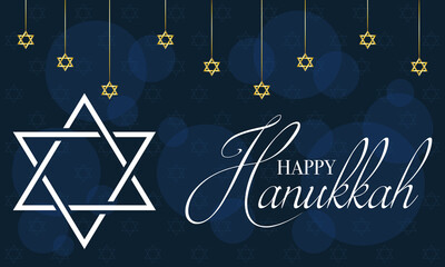 happy hanukkah celebration card with lettering and golden stars hanging