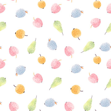 Beautiful seamless pattern with cute abstract watercolor apple and pear fruits. Stock illustration.