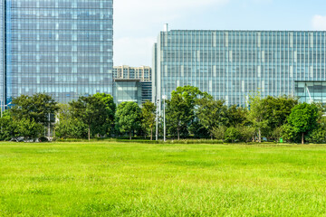 modern office buildings near meadow in midtown