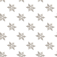 Seamless pattern made of wooden christmas fir tree decoration in form of carved pretty snowflakes on white background. Modern isometric concept