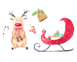 Watercolor illustration with a christmas deer in a red scarf and with a gift in his hands . Santa sleigh with Christmas gifts, a bell with a holly, a bird in a Santa hat, holly and candy cane.