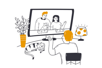 Family, video call conference, online communication concept. Woman grandmother senior citizen communicate chatting with children relatives remotely using computer. Wireless conversation illustration 