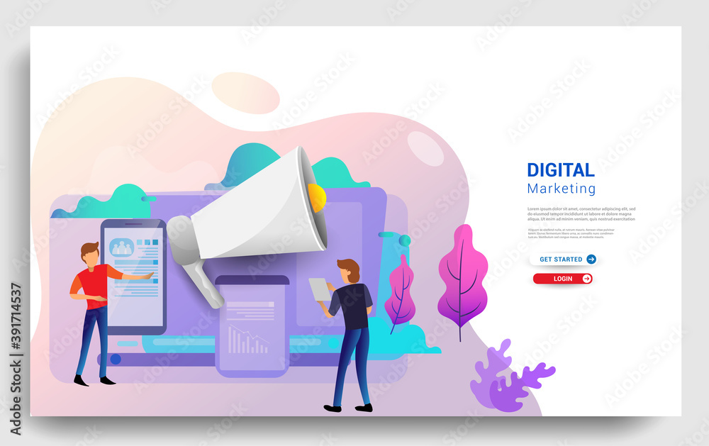 Wall mural digital marketing landing page template. modern flat design concept of web page design for website a