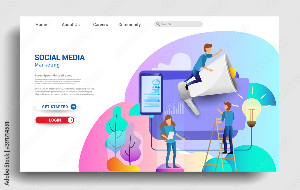Wall mural social media marketing landing page template, business strategy, analytics and brainstorming. modern