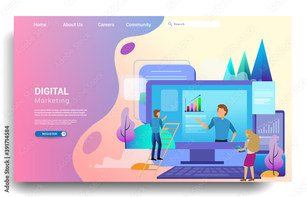Wall mural illustration of digital marketing landing page design. modern flat design concept of web page design