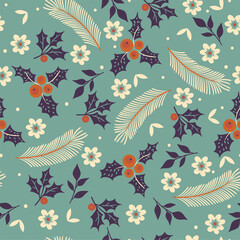 Seamless pattern of winter flora and snow. Vector graphics.