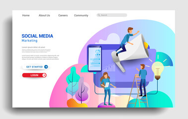 Social media marketing landing page template, business strategy, analytics and brainstorming. Modern flat design concepts for website design ui/ux and mobile website development. Vector illustration.