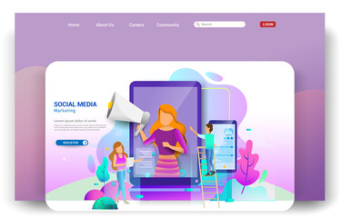 Social media marketing landing page template, business strategy, analytics and brainstorming. Modern flat design concepts for website design ui/ux and mobile website development. Vector illustration.