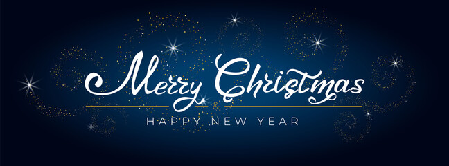 Fototapeta na wymiar Merry Christmas and Happy New Year 2021. Greeting card with hand drawn lettering gold glittering on blue background. For holiday invitations, banner. For cover social network. Vector illustration.