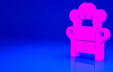 Pink Medieval throne icon isolated on blue background. Minimalism concept. 3d illustration 3D render.