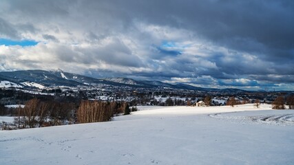 Fototapeta na wymiar View of Liberec town with Mount Jested.