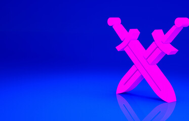 Pink Crossed medieval sword icon isolated on blue background. Medieval weapon. Minimalism concept. 3d illustration 3D render.