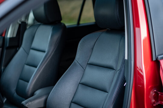 Black Perforated Leather Car Seat With Macro Close Up Isolated Details. White Line Leather Contour, Beautiful Stitch, Ventilated Seats, Low Mileage.