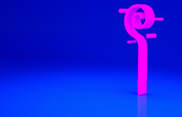 Pink Magic staff icon isolated on blue background. Magic wand, scepter, stick, rod. Minimalism concept. 3d illustration 3D render.