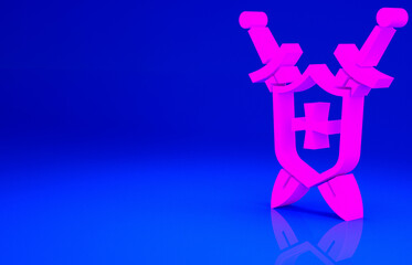 Pink Medieval shield with crossed swords icon isolated on blue background. Minimalism concept. 3d illustration 3D render.