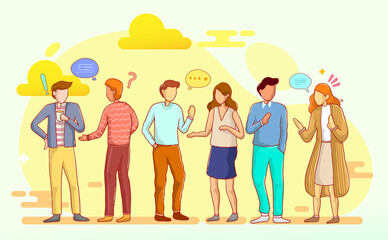 Sets of people talking or speaking to each other. Collection of chatting men and women with speech bubbles isolated on white background. Colorful vector illustration in flat cartoon style.