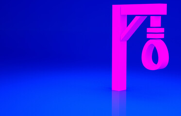 Pink Gallows rope loop hanging icon isolated on blue background. Rope tied into noose. Suicide, hanging or lynching. Minimalism concept. 3d illustration 3D render.