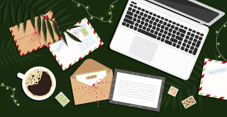 Envelope, Letter, post cards and laptop on the table. Workplace with a computer and cards, a cup of coffee. Top view of the table in flat style.