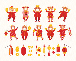 Collection Chinese new year 2021. artoon kids bulls in red traditional Chinese clothes and Asian good luck symbols. Symbol of the new year ox. Different holiday items. Hand drawn vector illustration.