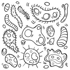 Doodle Bacteria And Virus Theme Doodle Collection In White Isolated Background, Hand-drawn Bacteria And Virus Theme.