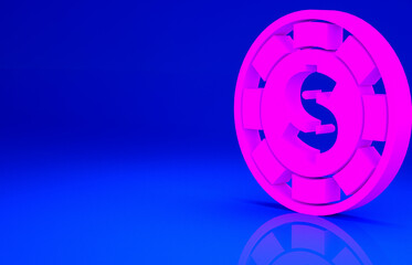 Pink Casino chip with dollar symbol icon isolated on blue background. Casino gambling. Minimalism concept. 3d illustration 3D render.