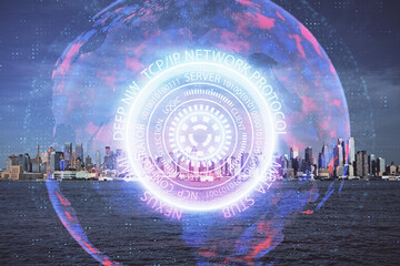 Double exposure of technology theme hologram and cityscape background. Concept of Hightech.