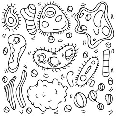 Doodle Bacteria And Virus Theme Doodle Collection In White Isolated Background, Hand-drawn Bacteria And Virus Theme.