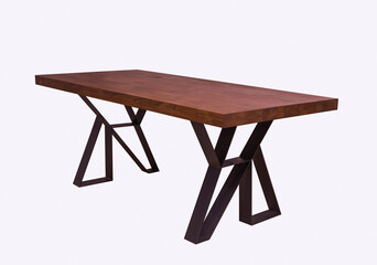 wooden lacquered table with black metal legs on white background standing at an angle of 45 degrees