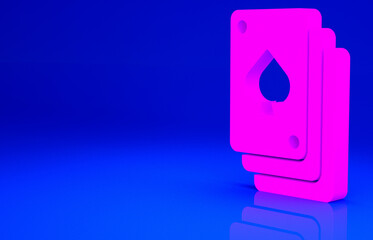 Pink Playing cards icon isolated on blue background. Casino gambling. Minimalism concept. 3d illustration 3D render.