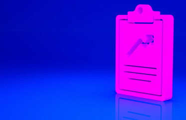 Pink Clipboard with graph chart icon isolated on blue background. Report text file icon. Accounting sign. Audit, analysis, planning. Minimalism concept. 3d illustration 3D render.
