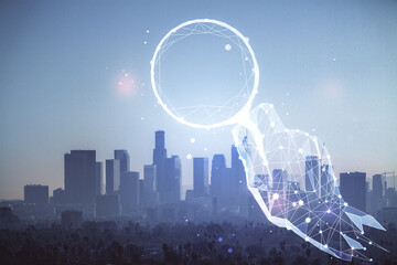 Double exposure of start up theme drawings over cityscape background. Concept of success.